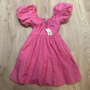 NWT A New Day Barbie Pink Puff Sleeve Smocked Mini Dress Women's Sz XS Babydoll